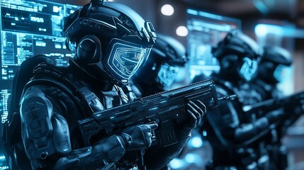 Fototapeta premium Futuristic Soldiers in a Cyberpunk Setting with Advanced Weaponry and Neon Displays