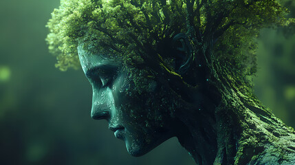 Archetypal figure with tree-like branding patterns, representing growth, natural elements blending into futuristic designs. Archetypal Characters. Illustration