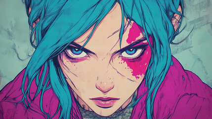 Captivating anime inspired character in vintage poster style with vibrant magenta and cyan hues. Archetypal Characters. Illustration