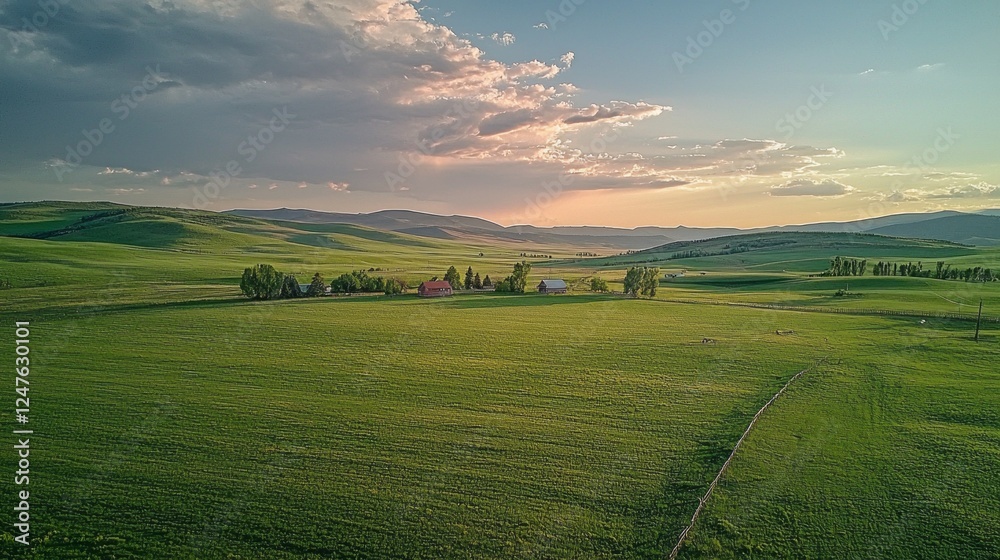 Aufkleber Vast green fields stretch below a partly cloudy sky, creating a tranquil atmosphere as the sun dips towards the horizon. Trees and distant hills complete the idyllic backdrop