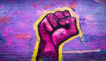 A bold feminist graffiti mural featuring a clenched fist in vibrant pink and purple tones on a textured urban brick wall, symbolizing resistance and empowerment.