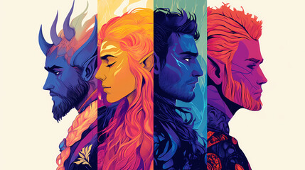 Illustrated profiles of mythical heroes and legendary characters from fantasy and folklore, featuring bold lines, vibrant colors, and dynamic compositions. Archetypal Characters. Illustration