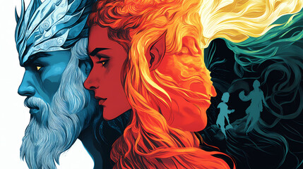 Illustrated profiles of mythical heroes and legendary characters from fantasy and folklore, featuring bold lines, vibrant colors, and dynamic compositions. Archetypal Characters. Illustration