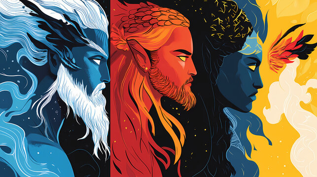 Illustrated profiles of mythical heroes and legendary characters from fantasy and folklore, featuring bold lines, vibrant colors, and dynamic compositions. Archetypal Characters. Illustration