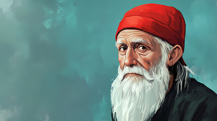 Illustration of wise old man with white beard and red hat. Archetypal Characters. Illustration