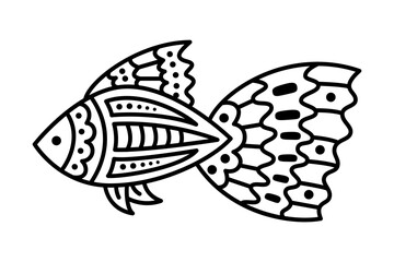Linear hand drawn cartoon fish isolated on white. Coloring page for kids