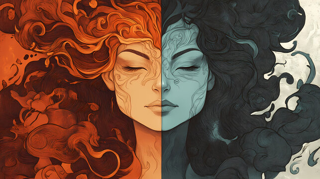 Illustration of a proud archetypal woman split down the middle. Archetypal Characters. Illustration