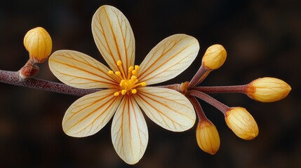Cream flower, orange buds, dark background, botanical study, nature photography
