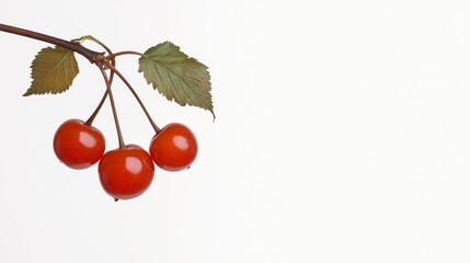 A branch with three vibrant red cherries and green leaves against a plain white background.