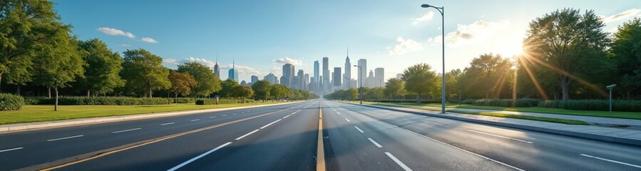 Fototapeta premium Empty asphalt road stretches towards modern cityscape. Green trees line roadside park. Sunny day. Wide angle view urban infrastructure. Clear sunny day. Vast empty road. City skyline visible in
