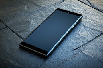 Sleek Black Smartphone on Dark Stone Surface with Soft Reflection in Natural Light