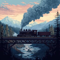 Steam train crossing a bridge in a mountain landscape at sunset.