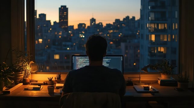 A software developer reviewing code on a laptop 