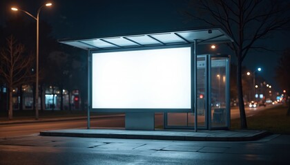 Empty white billboard at night on city street. Blank glowing signboard on roadside. Urban scene. Mockup for advertisement poster design template. Commercial display for marketing message. Public