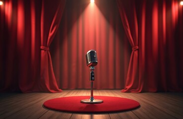 Stage microphone on red carpet in front of red curtains. Night setting. Spotlight shining on mic. Show entertainment concept. Potential start of comedy show, music concert, opera performance. Indoor