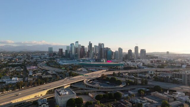 Aerial drone view of downtown Los Angeles California skyline at sunset captured on October 24 2024