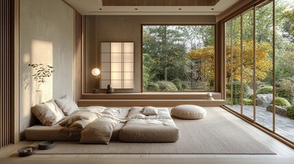 Fototapeta premium Soft sunlight filters through large windows, illuminating a cozy, minimalist living area with tatami mats and a stunning garden outside. A perfect retreat for relaxation and mindfulness