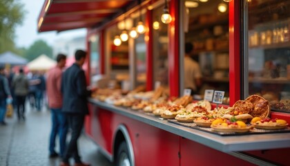 Red food truck parked outdoors. Various foods visible in open serving window. Customers waiting to order. Busy outdoor event market in blurry background. People ordering take away food. Food truck