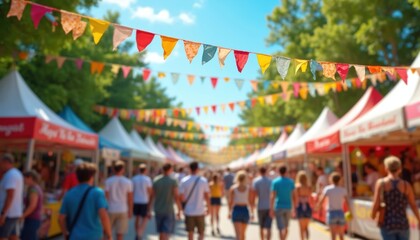 Lively summer street festival. Colorful bunting flags decorate a sunny street. Many people walk among colorful market stalls. Festive atmosphere. Great for event photo stock.
