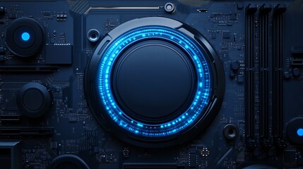 Sci-Fi Motherboard with Floating Glossy AI Chip, Electric Blue Circuits, and High-Tech Components. Copy space. Generative AI