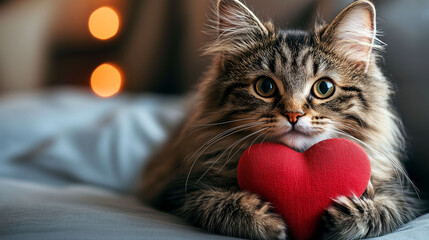  Adorable Cat Holding a Red Heart for Valentine's Day