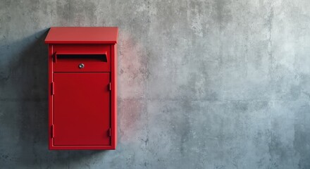 Red mailbox mounted on grey concrete wall. Simple classic design. Secure, traditional mailbox. Exterior home mail service. Stylish object. Traditional post office style. Practical storage for mail