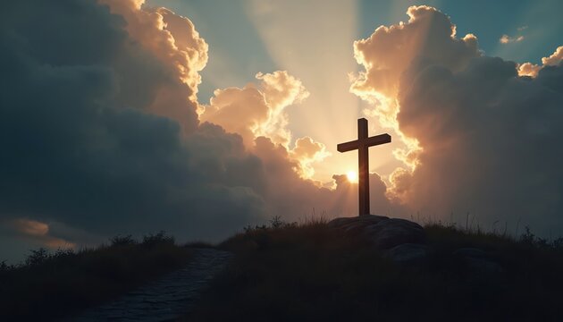 Silhouette cross on hilltop at sunset. Dramatic clouds frame cross in sky. Sunbeams pierce clouds symbol of faith. Spiritual image of religious significance. Possible setting for mountaintop church