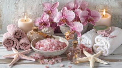 spa day relaxation pink himalayan salt orchids and candles