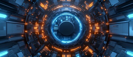 Sci-Fi Motherboard with Floating Glossy AI Chip, Electric Blue Circuits, and High-Tech Components. Copy space. Generative AI