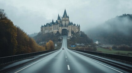 Fototapeta premium Majestic Castle and Road Leading Through the Misty Landscape on Cloudy Day