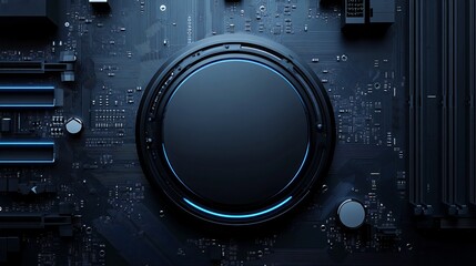 Sci-Fi Motherboard with Floating Glossy AI Chip, Electric Blue Circuits, and High-Tech Components. Copy space. Generative AI