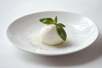A ball of burrata on a white plate with a white background