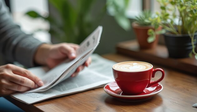 Person relaxes in cafe reading newspaper. Person holds newspaper in hands. Red coffee cup with hot drink and saucer on wooden table. Plants and window seen in background. Casual attire. Morning scene.
