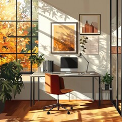Sunlit autumnal home office workspace with plants, desk, chair, and computer.