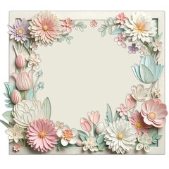 Obraz premium Elegant square floral frame with pastel paper cut flowers. Perfect as a decorative background for Easter invitations, greeting cards, and festive spring compositions