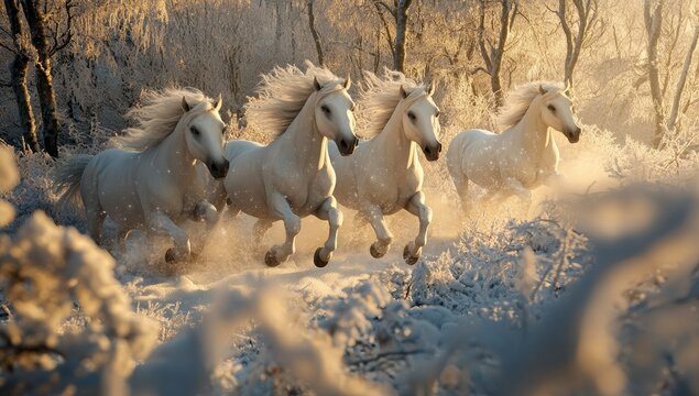 Four white horses galloping through snowy winter forest at sunrise