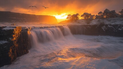 Fototapeta premium Stunning Sunset Over Majestic Waterfall, Cascading Waters, Seagulls Flying in Vibrant Sky, Scenic Nature Landscape Photography Ideal for Travel and Adventure