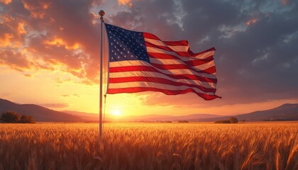 American flag fluttering against dramatic sunset sky in rural landscape. Golden wheat field stretches out below majestic flagpole. Sun sets behind hills. Scenic rural view during summer spring.