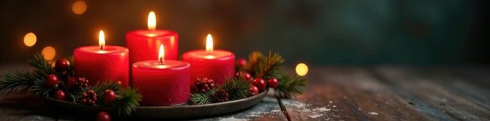 Adventskranz mit vier roten brennenden Kerzen, warm, candles