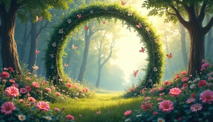 Enchanted spring landscape with round archway framed by blooming flowers, vines. Butterflies flutter through garden meadow. Gentle light filters through trees. Peaceful, beautiful springtime scene.
