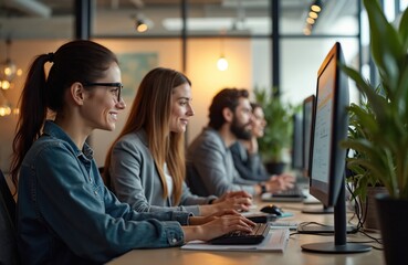 Diverse team working in modern office. People seated at computer desks. Focused on work. Environment professional, collaborative. Hybrid work environment in modern office. Team members interact on