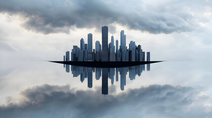 Melting iceberg floating. Futuristic city skyline reflecting on water under cloudy sky