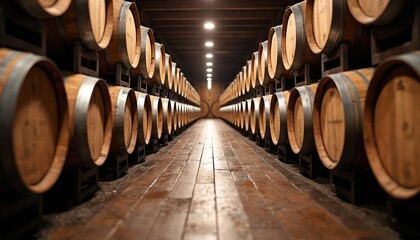 Wooden barrels line winery cellar. Storage area for aging drinks. Long narrow hallway filled with barrels. Winemaking industry. Old wooden containers. Aged alcohol. Elegant interior. Traditional