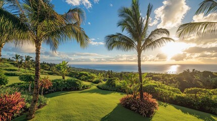This captivating view showcases lush palm trees basking in warm sunlight, gracefully silhouetted against a radiant tropical sky. The serene landscape reflects a perfect paradise
