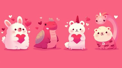 Naklejka premium Valentine's day cute animals set with llama, sloth, unicorn, cats, dinosaur, bunny, tiger and turtle 