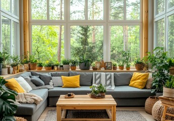 Cozy living room with large windows showcasing a lush green garden view. Grey sectional sofa accented with yellow throw pillows and blankets. Wooden