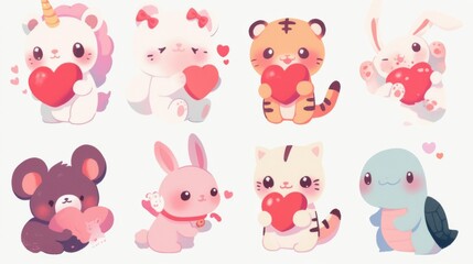 Valentine's day cute animals set with llama, sloth, unicorn, cats, dinosaur, bunny, tiger and turtle  
