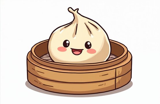 Cute cartoon dumpling with happy face sits in bamboo steamer. Traditional Asian cuisine illustration for kitchen decor culinary poster. Simple design with beige, brown colors. Perfect for food blog