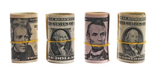 Bundles of various rolled up american dollar bills, banknotes, cash money rolls set isolated on white background
