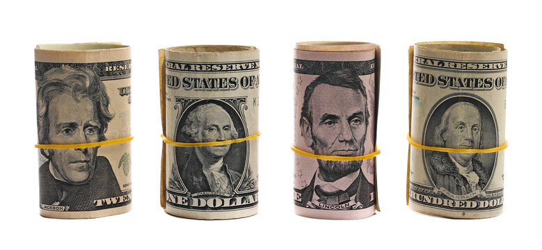 Bundles of various rolled up american dollar bills, banknotes, cash money rolls set isolated on white background
